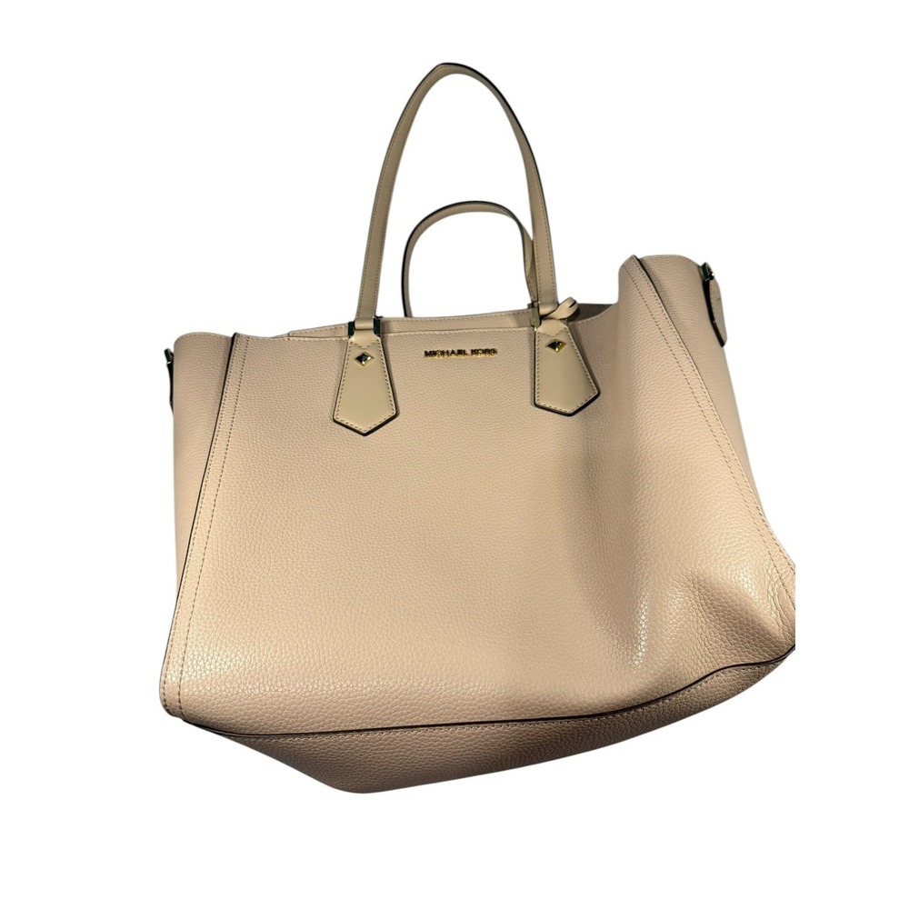 Michael Kors Handle Bag Purse Beige Monogrammed Gold w/Accessory Bag Wallet